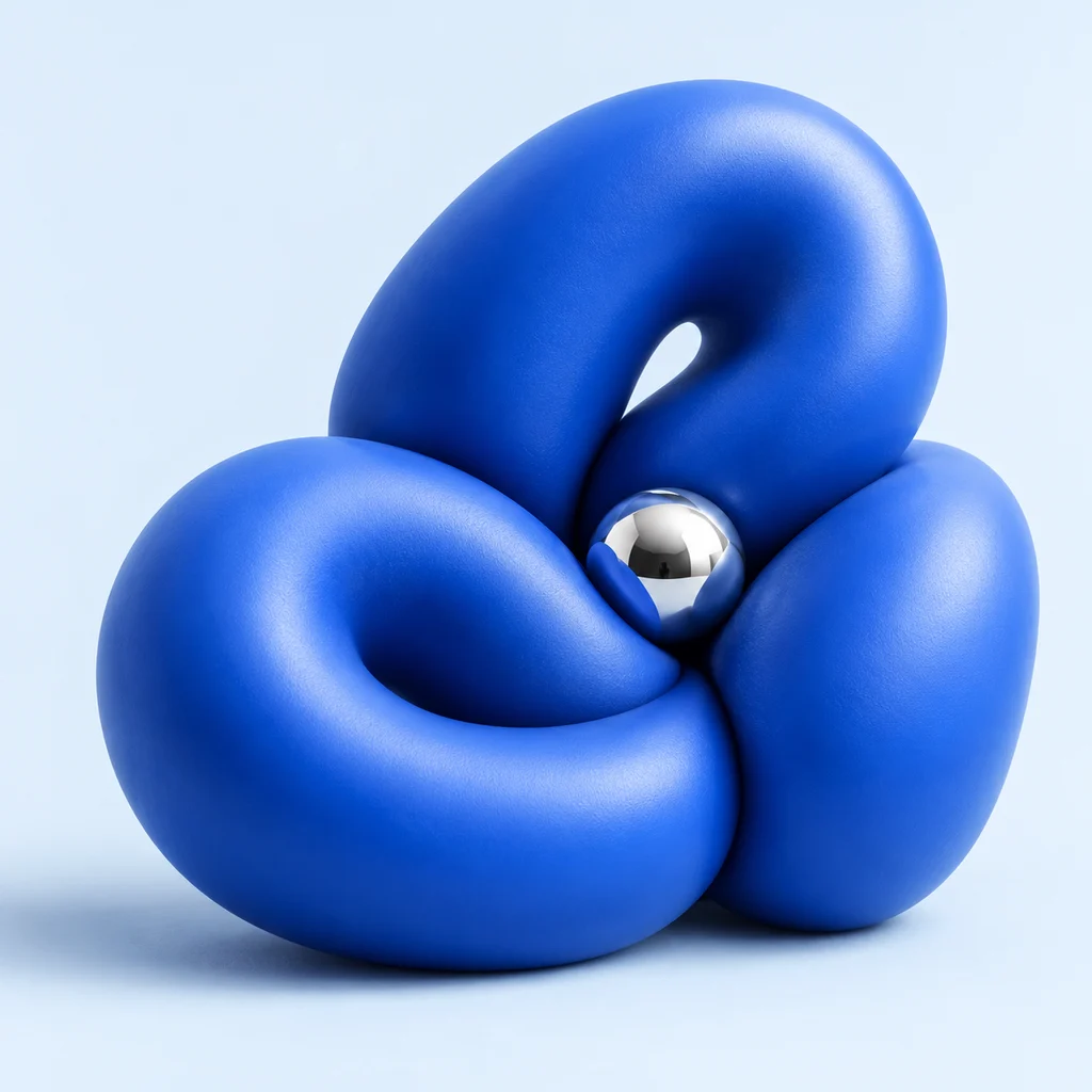 Playful blue loop sculptures with a silver sphere